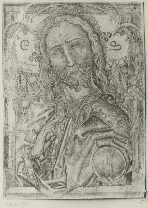 Der Heiland. Halbfigur mit zwei musizierenden Engeln : Meister E S (von 1466): Der Heiland. Halbfigur mit zwei musizierenden Engeln. Kupferstich. Ehemals Dresden: Sammlung des sächsischen Königshauses