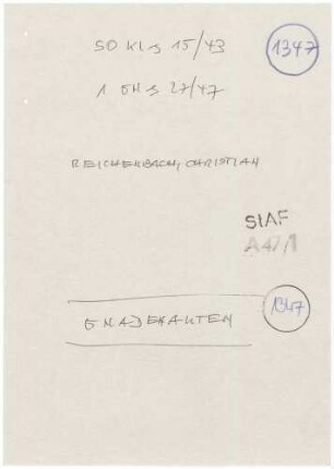 Angeklagter: Reichenbach, Albert (Bauer); Oberglottertal *23.08.1905 in Oberglottertal; + ? Delikt: Verbrechen gegen die Kriegswirtschaftsverordnung Schwarzschlachtung Tatort: Oberglottertal Tatzeit: November 1941-Januar 1942