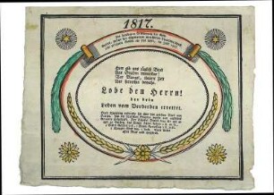 Erinnerungsblatt an die Hungerzeit und Teuerung von 1816 "Lobe den Herren! der dein Leben vom Verderben errettet."