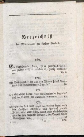 Verzeichniß der Meditationen des fünften Bandes