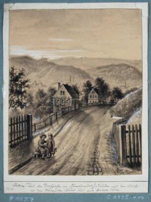 Blick der Dorfstraße in Schweinsdorf-Deuben (später Freital-Deuben) mit Blick in den Plauenschen Grund und auf die Zechels Höhe