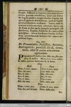 Cap. XIV. De Pronominibus Possessivis, Relativis, Interrogativis, particula Cio id, niente, nulla, nihil & eorum articulorum applicatione
