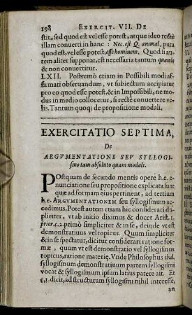 Exercitatio Septima. De Argumentatione Seu Syllogismo tam absoluto quam modali.