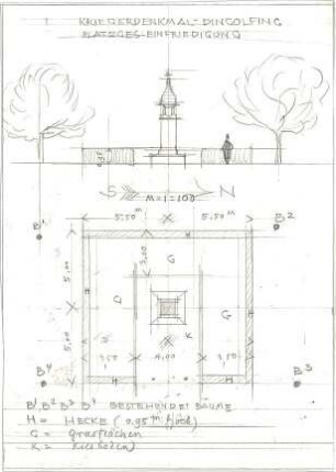 Pfann, Paul; Dingolfing; Kriegerdenkmal - Einfriedung (Grundriss, Ansicht)
