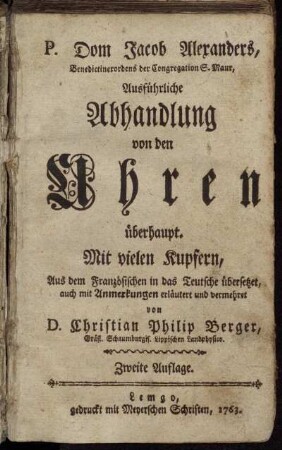 Des P. Dom. Jacob Alexanders, Benedictiner-Ordens der Congregation St. Maur, Ausführliche Abhandlung von den Uhren überhaupt : Mit vielen Kupfern