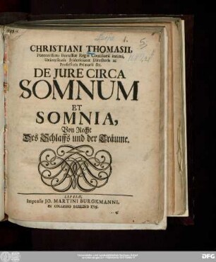 Christiani Thomasii, Potentissimi Borussiæ Regis Consiliari intimi, Universitatis Fridericianæ Directoris ac Professoris Primarii &c. De Jure Circa Somnum Et Somnia