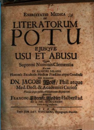 Exercitatio medica de literatorum potu, eiusque usu et abusu