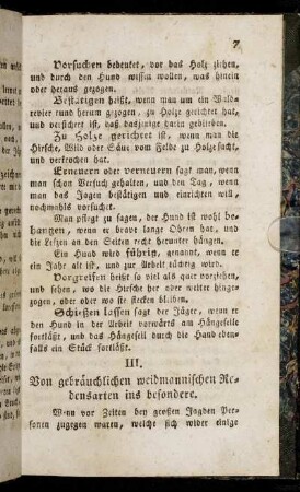 III. Von gebräuchlichen weidmannischen Redensarten ins besondere.