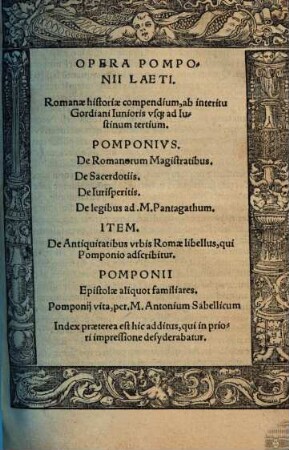 Opera Pomponii Laeti : Index praeterea est hic additus, qui in priori impressione desyderabatur