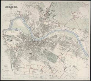 Plan von Dresden, 1:10 000, Lithographie, 1900 : Plan von Dresden. 1900. Bearb. vom Vermessungsamt der Stadt Dresden. Gerke, 14. Aufl. 1:10 000. Dresden: Schönfeld 1900. 98 x 86 cm (Lith.)