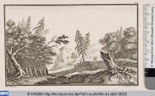 Landschaft mit zwei Wanderern und rundem Turm