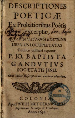 Descriptiones Poeticae : Ex Probatioribus Poêtis excerptae ; Cum Indice Descriptionum omnium uberrimo