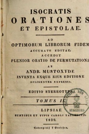 Isocratis orationes et epistolae : ad optimorum librorum fidem accurate editae. 2