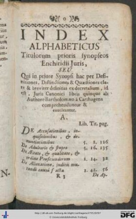 Index Alphabeticus Titulorum prioris synopseos Enchiridii Juris.