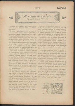"Al margen de las horas" : (Versos de Ricardo del Campo)