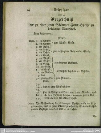 No. 4. Verzeichniß der zu einer jeden Schlangen-Feuer-Spritze zu bestellenden Mannschaft