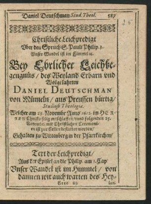 Christliche Leichpredigt ... Daniel Deutschman von Mümeln ...