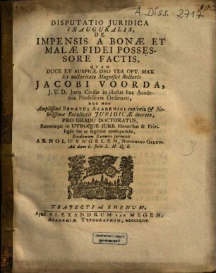 Disputatio Iuridica Inauguralis, De Impensis A Bonae Et Malae Fidei Possessore Factis