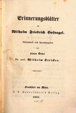Erinnerungsblätter an Wilhelm Friedrich Hufnagel