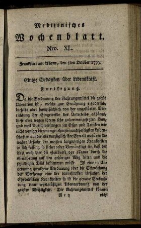 Nro. XL. Frankfurt am Mayn, den 5ten October 1793. - Nro. XLIII. Frankfurt am Mayn, den 26ten October 1793.