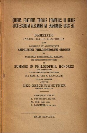 Quibus fontibus Trogus Pompeius in rebus successorum Alexandri M. enarrandis usus sit : Hallenser Doctordiss.