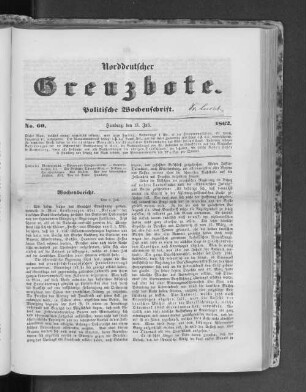 Norddeutscher Grenzbote. Politische Wochenschrift. No. 60 1862.