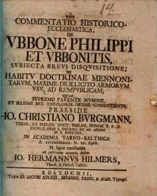 Commentatio hist. eccl. de Ubbone Philippi et Ubbonitis