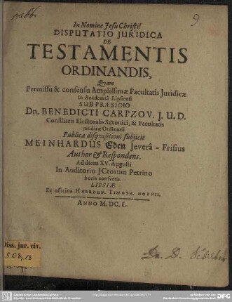 Disputatio de testamentis ordinandis