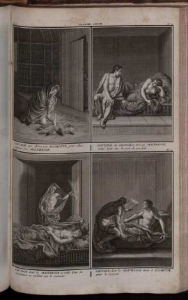 Planche LXXIII. : N. 1. Sauvage qui alume une Alumette [...] ; N. 2. Sauvage en conversation avec sa Maitresse [...] ; N. 3. Sauvage dont la Maitresse [...] ; N. 4. Sauvage dont la Maitresse éteint L'Alumette pour le recevoir
