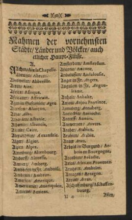 Nahmen der vornehmsten Städte / Länder und Völcker / auch etlicher Haupt-Flüsse