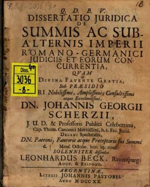 Dissertatio Juridica De Summis Ac Subalternis Imperii Romano-Germanici Judiciis Et Eorum Concurrentia