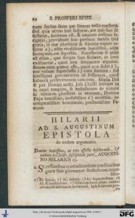 Hilarii Ad S. Augustinum Epistola.