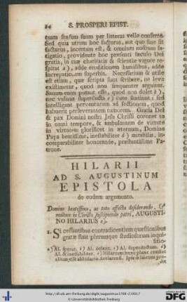 Hilarii Ad S. Augustinum Epistola.
