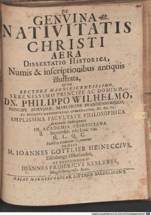 De Genvina Nativitatis Christi Aera Dissertatio Historica : Numis & inscriptionibus antiquis illustrata