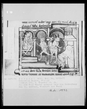 Ms 9916-17, Gregorius Magnus, Dialogi, fol. 67v: Vier Teufel beraten über die Versuchung des heiligen Andreas, Bischof von Fondi