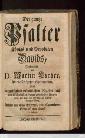 Der gantze Psalter Königs und Propheten Davids