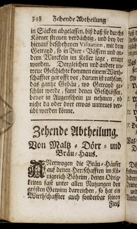 Zehende Abtheilung. Von Maltz- Dörr- und Bräu- Haus.