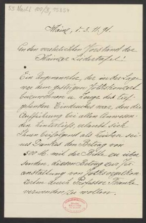 Brief an Ludwig Strecker  und Mainzer Liedertafel und Damengesangverein : 03.11.1891