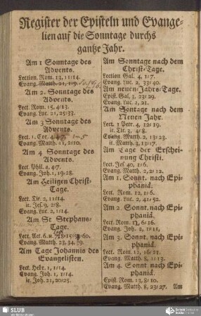 Register der Episteln und Evangelien auf die Sonntage durchs gantze Jahr