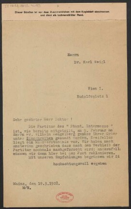 Brief an Karl Weigl : 19.03.1928