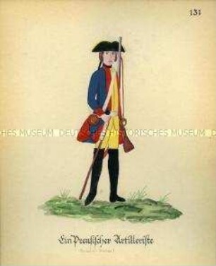 Uniformdarstellung, Artillerist, Königreich Preußen, 1760/1761. Kopie der Originaltafel 131 aus Becher: Wahrhaftige Nachrichten.