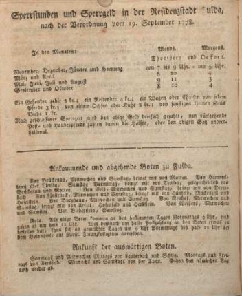 Sperrstunden und Sperrgeld in der Residenzstadt Fulda, nach der Verordnung vom 19. September 1778.