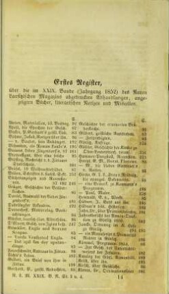 Erstes Register über die im XXIX. Bande (Jahrgang 1852) des Neuen Lausitzischen Magazines abgedruckten Abhandlungen, angezeigten Bücher, literarischen Notizen und Miscellen