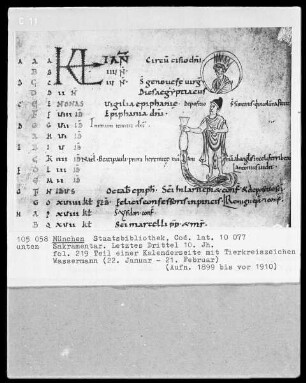 Sakramentar — Buchseite mit Tierkreiszeichen Wassermann, Folio 219recto