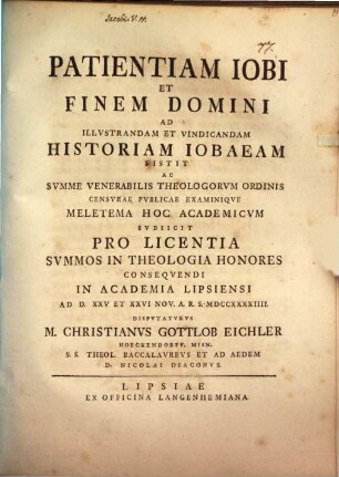 Patientiam Iobi et finem Domini : ad illustrandam et vindicandam historiam Iobaeam