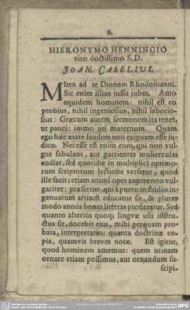 Hieronymo Henningio viro doctissimo S. D. Joan. Caselius