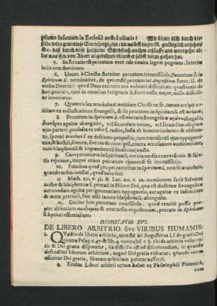 Disputatio XVI. De Libero Arbirtio sive Viribus Humanis.
