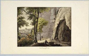 Das Felsentor Kuhstall (Ottendorfer Höhle) auf dem Neuen Wildenstein zwischen Schmilka und dem Kirnitzschtal in der Sächsischen Schweiz von Südosten
