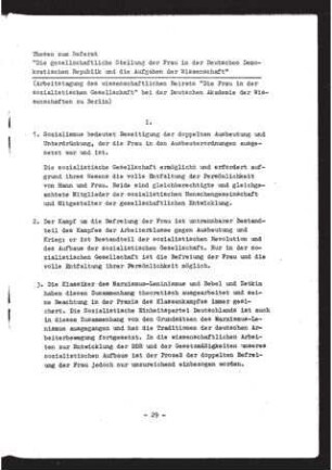 Thesen zum Referat "Die gesellschaftliche Stellung der Frau in der Deutschen Demokratischen Republik und die Aufgaben der Wissenschaft" : Arbeitstagung des wissenschaftlichen Beirats "Die Frau in der sozialistischen Gesellschaft" bei der Deutschen Akademie der Wissenschaften