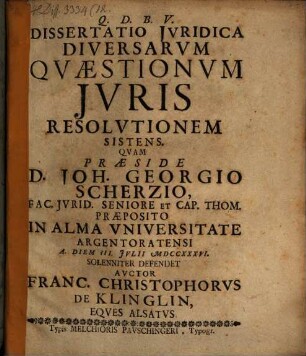 Dissertatio iuridica diversarum quaestionum iuris resolutionem sistens